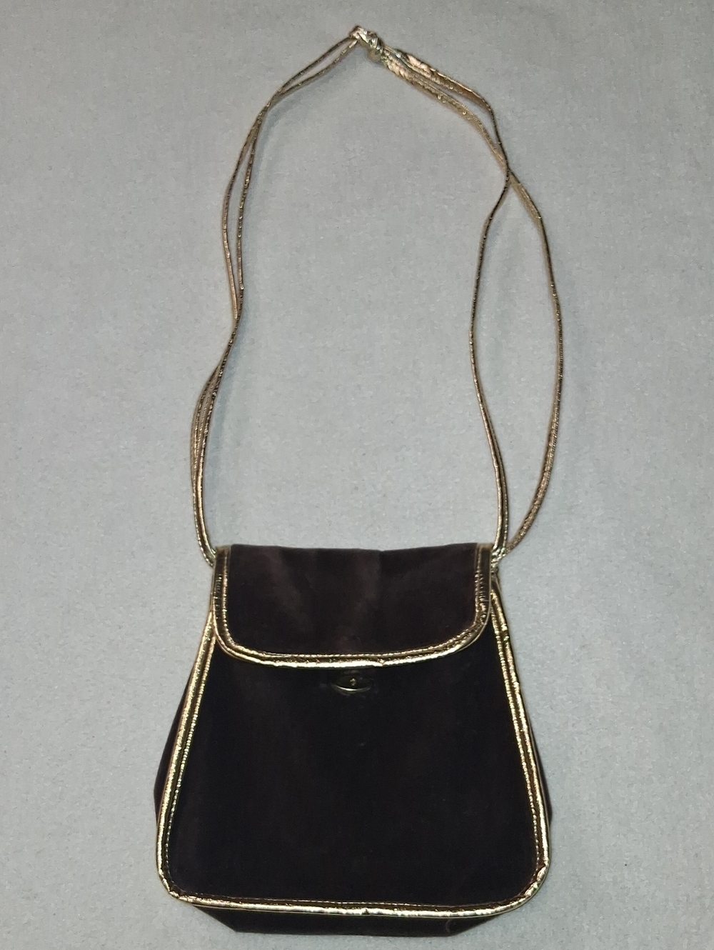 Vintage Made In Italy Dark Brown Velvet Crossbody Bag with Gold Trim